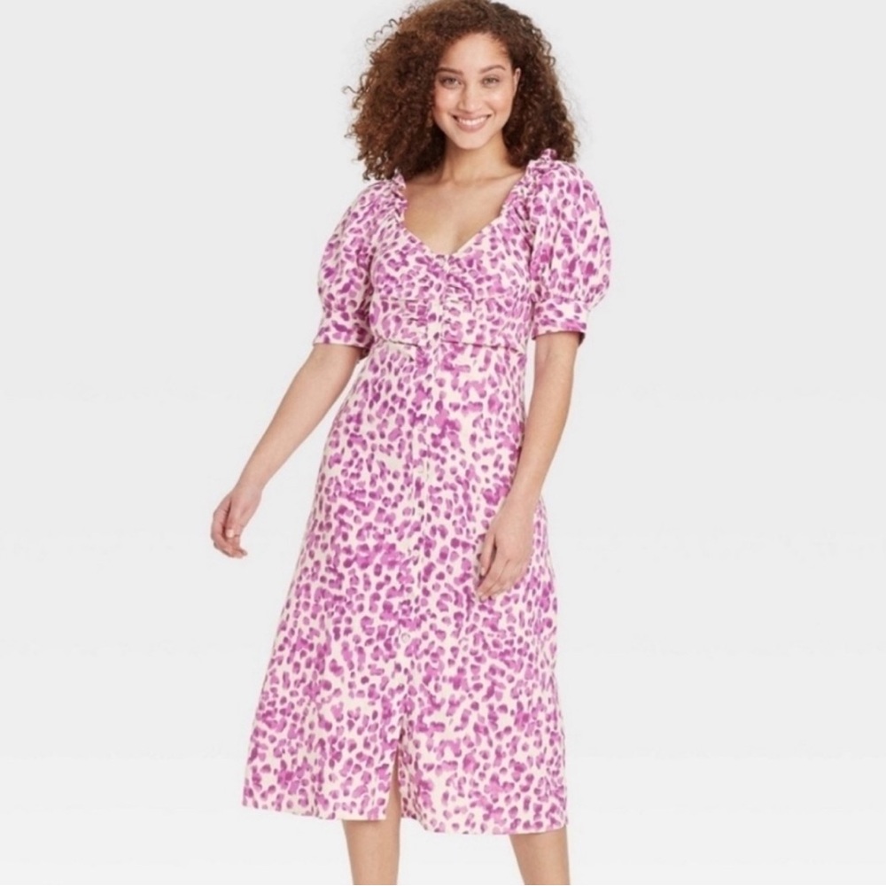 Who What Wear Pink Leopard Linen Blend Midi Dress